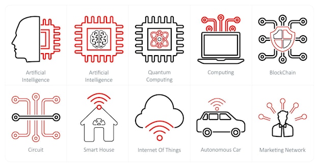 Un ensemble de 10 icônes de mélange en tant que blockchain d'informatique quantique d'intelligence artificielle