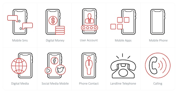 Un ensemble de 10 icônes de mélange en tant que compte utilisateur d'argent numérique SMS mobile