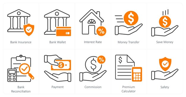 Un ensemble de 10 icônes de mélange en tant que taux d'intérêt de portefeuille bancaire d'assurance bancaire