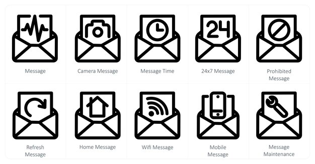 Un ensemble de 10 icônes de message en tant que caméra de message de message de temps