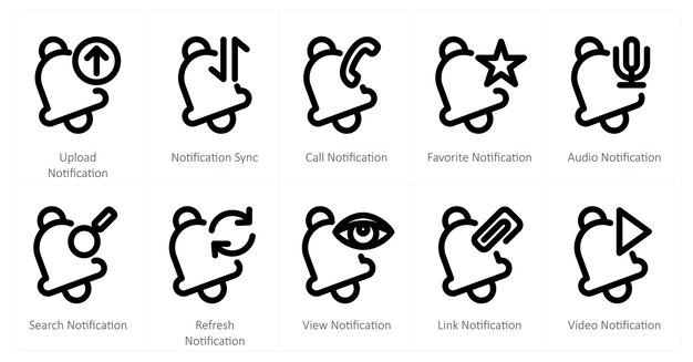 Un ensemble de 10 icônes de notification comme notification de téléchargement notification de synchronisation notification d'appel