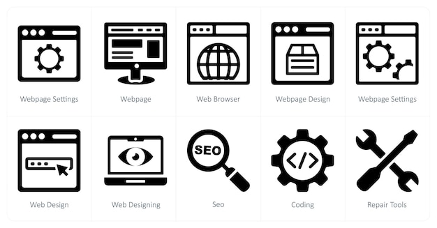 Un ensemble de 10 icônes de référencement et de marketing numérique en tant que paramètres de page Web page navigateur Web