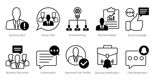 Un ensemble de 10 icônes SEO comme alerte d'affaires groupe de discussion brainstorming