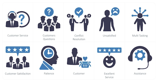 Un ensemble de 10 icônes de service client en tant que résolution de conflits de questions de service client