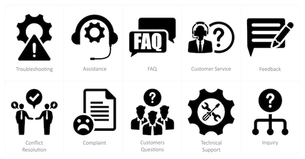 Un ensemble de 10 icônes de service à la clientèle comme FAQ d'assistance au dépannage