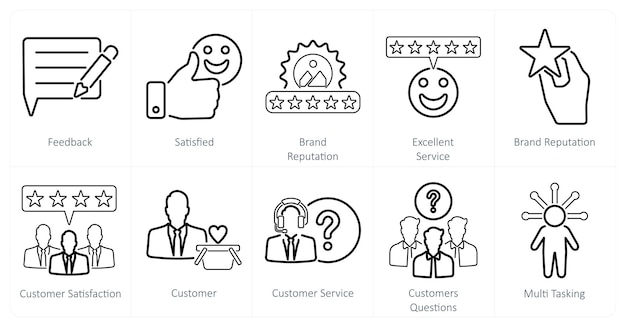 Un ensemble de 10 icônes de service à la clientèle comme rétroaction satisfaite réputation de la marque excellent service