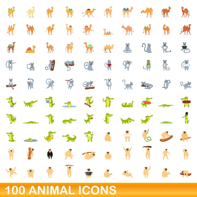 Vecteur ensemble de 100 icônes d'animaux, style dessin animé