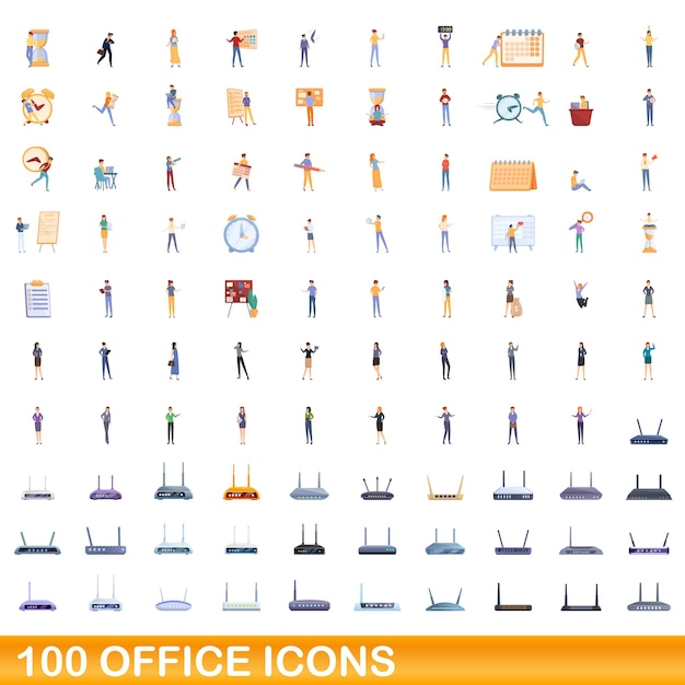 Ensemble De 100 Icônes De Bureau. Bande Dessinée Illustration De 100 Icônes Vectorielles De Bureau Ensemble Isolé Sur Fond Blanc