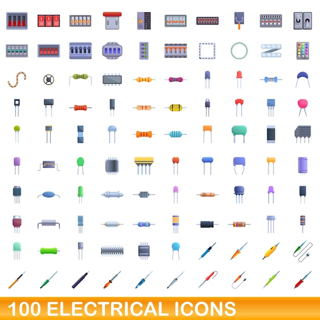 Ensemble de 100 icônes électriques, style dessin animé
