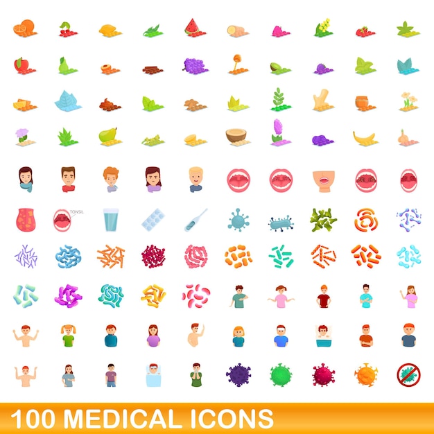 Vecteur ensemble de 100 icônes médicales, style dessin animé