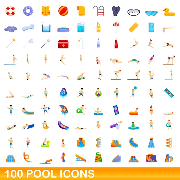 Ensemble De 100 Icônes De Piscine. Bande Dessinée Illustration De 100 Icônes De Piscine Définies Isolées