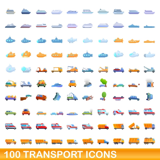 Ensemble De 100 Icônes De Transport. Bande Dessinée Illustration De 100 Icônes De Transport Vector Set Isolé Sur Fond Blanc