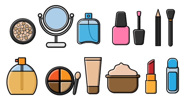 Un ensemble de 12 belles icônes plates d'articles de beauté glamour à la mode parfums en poudre