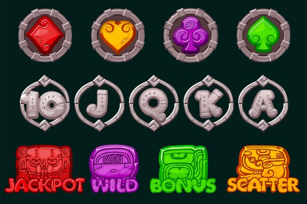 Ensemble de 12 symboles de fente thème maya ou aztèque élément Ui pour le jackpot dans le jeu Icons de pierre pour les jeux 2D et Casino ou fentes éléments graphiques pour le développement de machines à sous