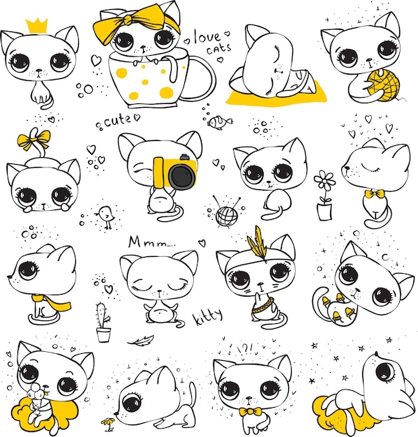 Ensemble De 20 Avatars De Chats Mignons Vector Doodle