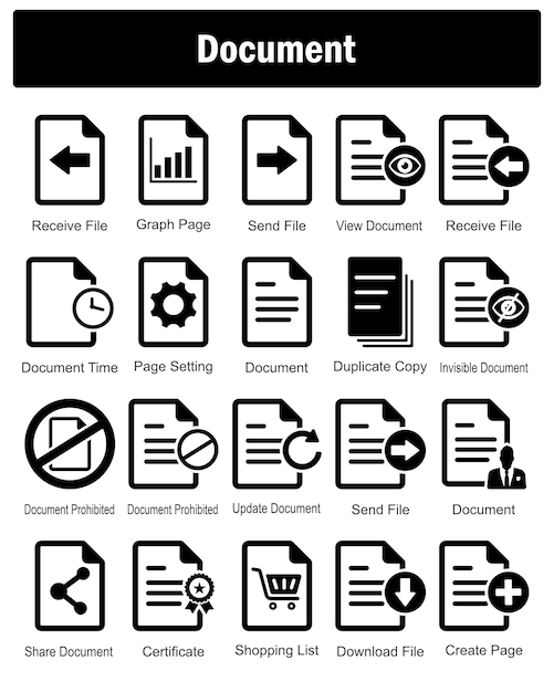 Un ensemble de 20 icônes de document en tant que page de graphique de fichier de réception de fichier d'envoi