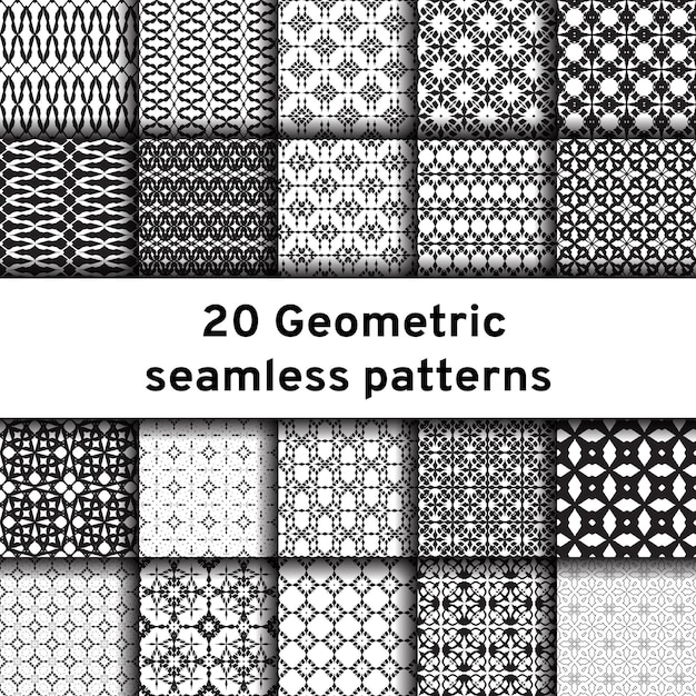 Ensemble De 20 Modèles Monochromes Sans Soudure Modèles Vectoriels Différents Universels Ornements Géométriques Collection Arrière-plans Vectoriels Noir Et Blanc