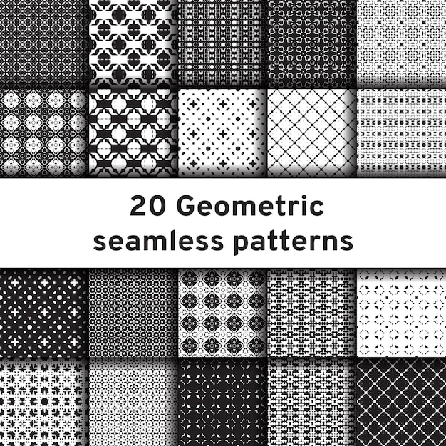 Ensemble de 20 modèles monochromes sans soudure Modèles vectoriels différents universels Ornements géométriques Collection arrière-plans vectoriels noir et blanc