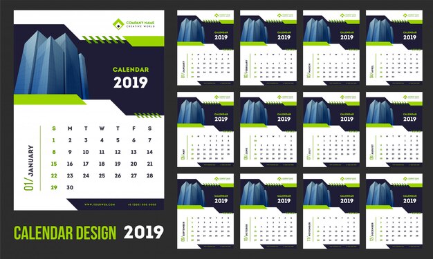 Ensemble De 2019 Calendrier Mensuel Design.