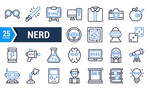 Un ensemble de 25 icônes de ligne bleue pour les gens et les choses nerds