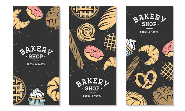 Vecteur ensemble de 3 dépliants ou brochure de boulangerie conception publicitaire de typographie boulangerie