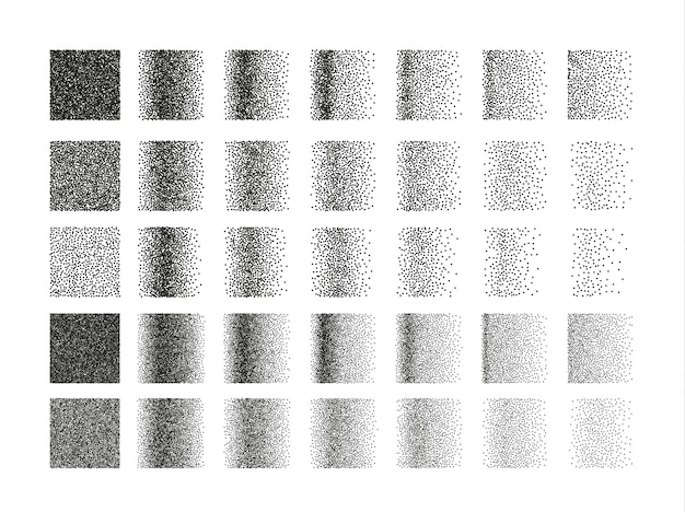 Ensemble de 35 motifs de pointillés carrés pour la conception. Gravure ponctuelle pour créer des pinceaux . Gravure pour fonds rétro. Gravure pour l'ombre . Ensemble très détaillé de gravure de carreaux pour la conception