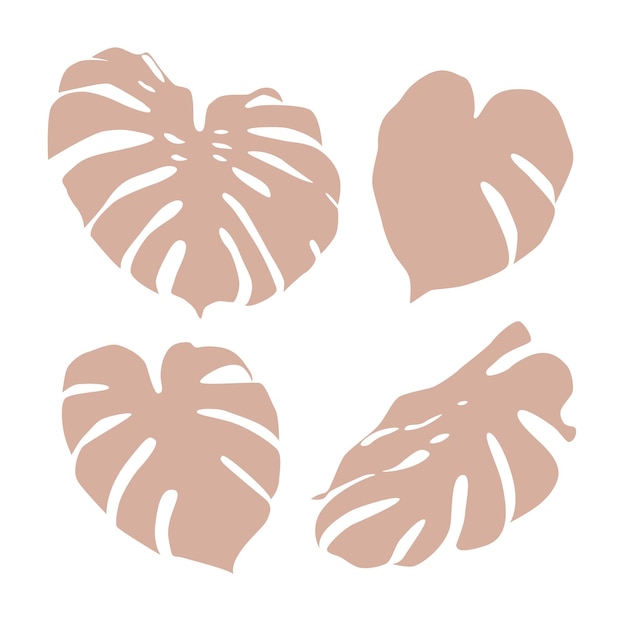 Ensemble de 4 feuilles de monstera corail formes autocollant design plat Icônes silhouette illustration isolé