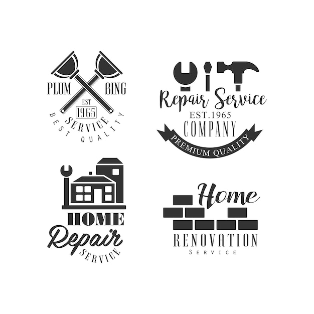 Vecteur ensemble de 4 logos originaux pour les services de réparation emblèmes créatifs en noir et blanc avec des instruments de travail bâtiments et mur de briques entreprise de rénovation de maison conception vectorielle pour carte de visite ou affiche