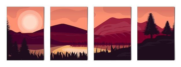 Ensemble De 4 Pcs Paysages De Montagnes Et De Forêts