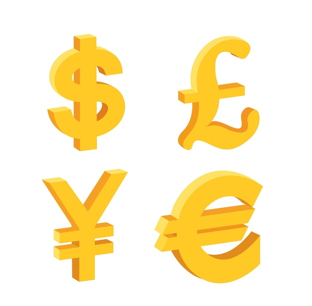 Ensemble de 4 principales devises. Dollar, Euro, Livre sterling, Yen