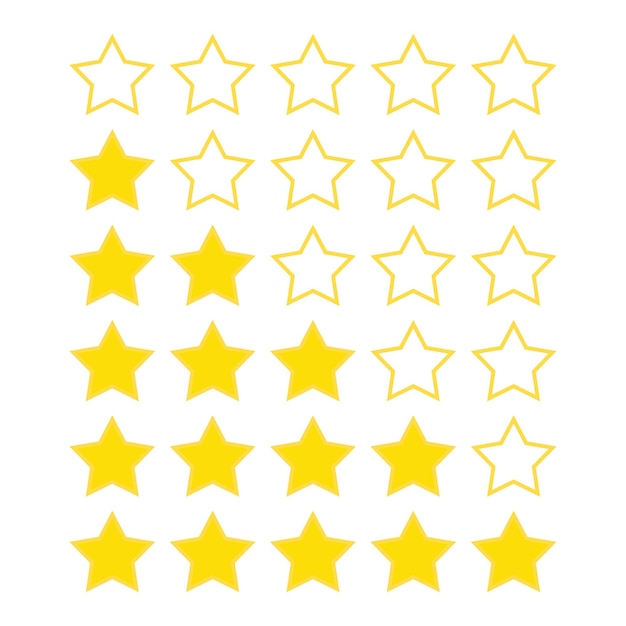 Ensemble de 5 étoiles jaunes sur fond blanc. Classement cinq étoiles.