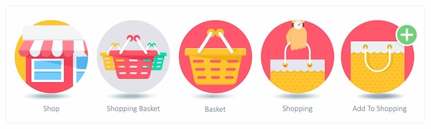 Un ensemble de 5 icônes d'achat comme panier d'achat de magasin