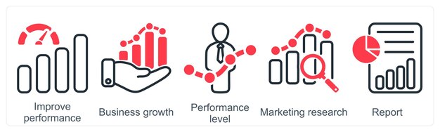 Un ensemble de 5 icônes d'affaires pour améliorer les performances, la croissance des entreprises et le niveau de performance