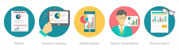 Un ensemble de 5 icônes d'affaires en tant que rapport d'analyse d'affaires rapport mobile