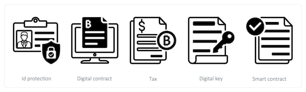 Un ensemble de 5 icônes bitcoin comme protection d'identité contrat numérique taxe