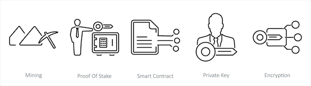 Vecteur un ensemble de 5 icônes blockchain comme preuve d'exploitation minière de contrat intelligent d'enjeu