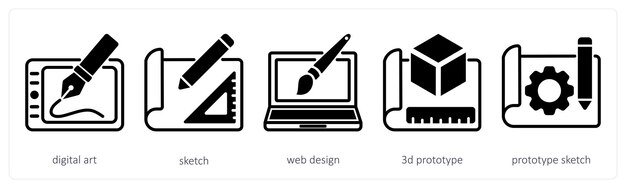 Un ensemble de 5 icônes de conception en tant qu'esquisse d'art numérique de conception web