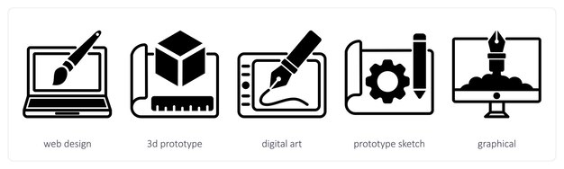 Un ensemble de 5 icônes de conception en tant que prototype d'art numérique de conception Web 3D