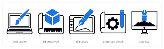 Un ensemble de 5 icônes de conception en tant que prototype d'art numérique de conception Web 3D
