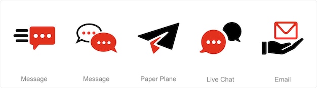 Un ensemble de 5 icônes de contact comme avion de papier de message chat en direct