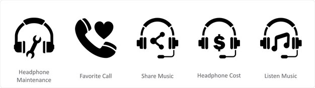 Un ensemble de 5 icônes de contact comme entretien des écouteurs appel préféré partager de la musique