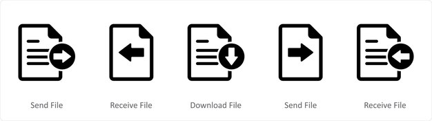 Un ensemble de 5 icônes de document comme envoyer un fichier recevoir un fichier télécharger un fichier