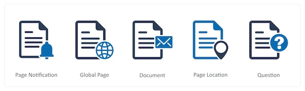 Un ensemble de 5 icônes de document en tant que notification de page document de page globale
