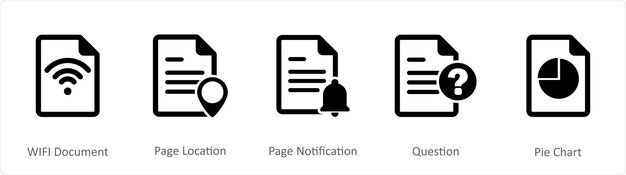Un ensemble de 5 icônes de document en tant que notification de page d'emplacement du document wifi