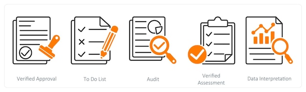 Un ensemble de 5 icônes d'enquête et de notation comme approbation vérifiée pour faire l'audit de la liste