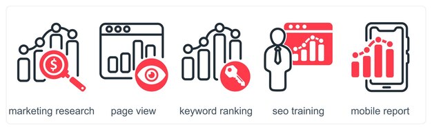 Un ensemble de 5 icônes d'entreprise en tant que classement des mots-clés de la page de recherche marketing