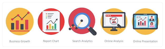 Un ensemble de 5 icônes d'entreprise en tant que rapport de croissance d'entreprise, graphique de recherche et analyse