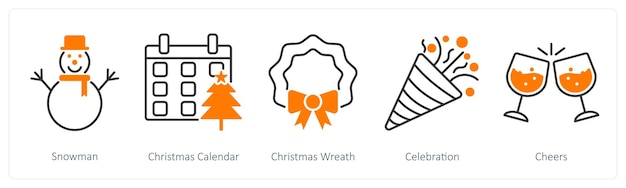 Un ensemble de 5 icônes de fête et de célébration comme homme de neige calendrier de Noël couronne de Noël