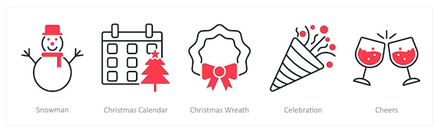 Un ensemble de 5 icônes de fête et de célébration comme homme de neige calendrier de Noël couronne de Noël