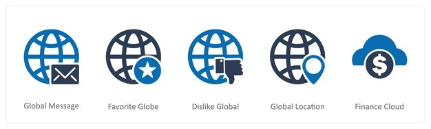Un ensemble de 5 icônes Internet comme message global préféré globe n'aime pas global